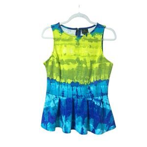 Worthington Women's Medium Green Blue Tie Dye Peplum Flirty‎ Top
